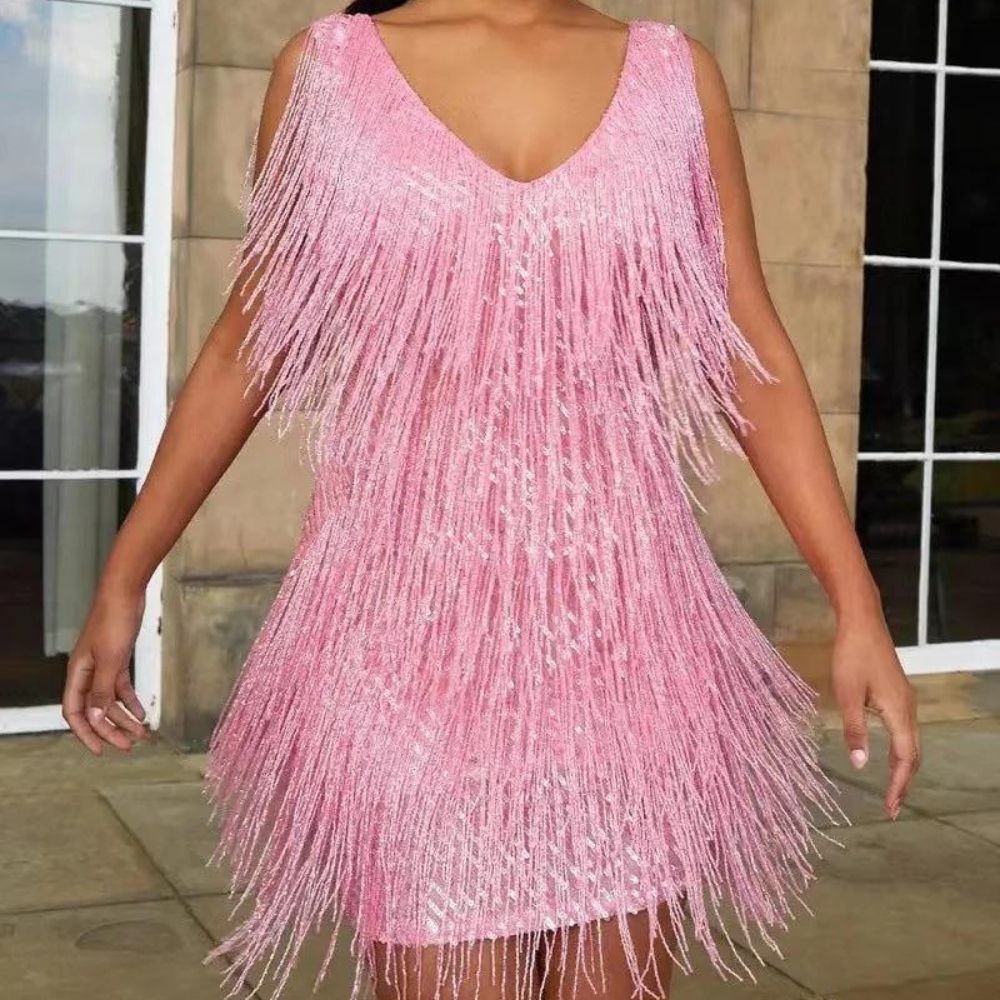 Party Mini Dress | Fringe Detail with V Neck