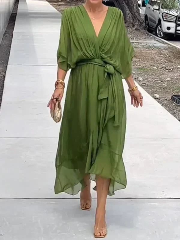 Women's Elegant Wrap Tie Waist Midi Dress