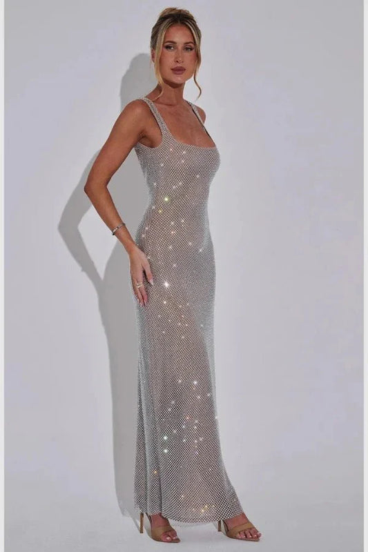 Maxi Dress | Women's Silver Rhinestone Sequin