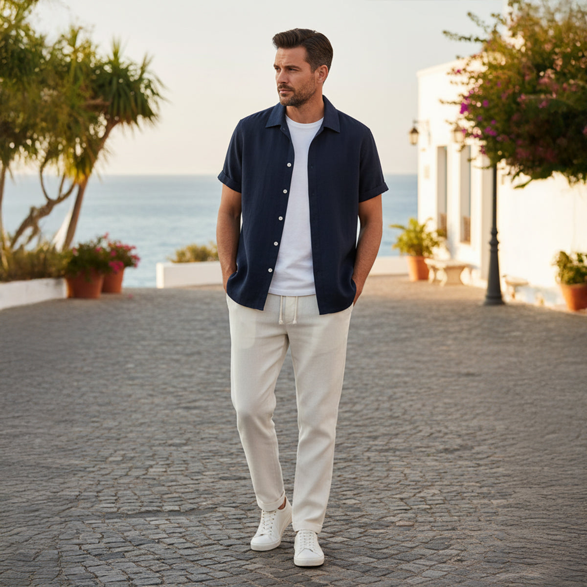 Men’s Two-Piece Linen Shirt & Trousers Set