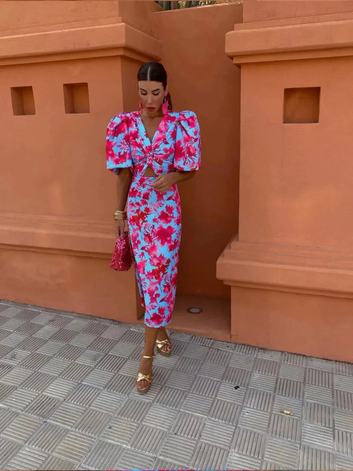Women's Puff Sleeve Print Midi Dress