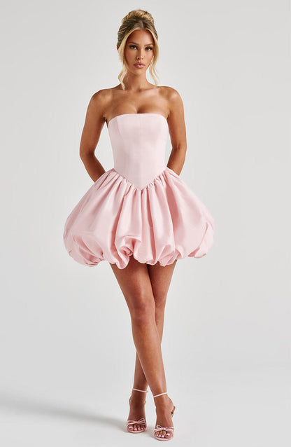 Women’s Strapless Puff Ball Mini Dress | Boned Bodice Lace Up Back With Detachable Bow