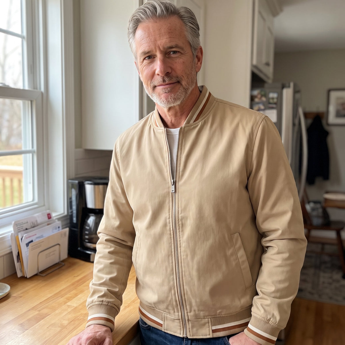 Men's Cotton Blend Parker Jacket with Ribbed Trim Front