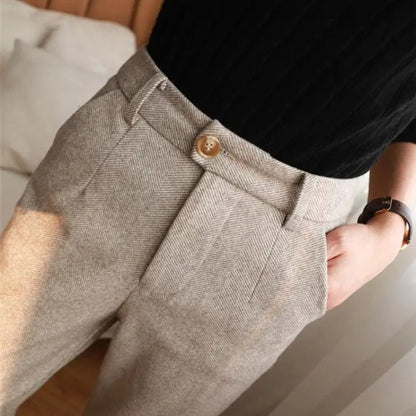 Men's Herringbone Wool Trousers | Tailored Smart Fit Angle