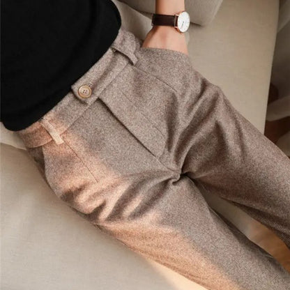 Men's Herringbone Wool Trousers | Tailored Smart Fit Detail