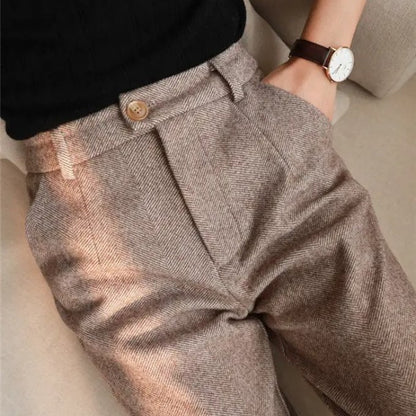 Men's Herringbone Wool Trousers | Tailored Smart Fit Side