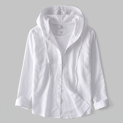 Men's Lightweight Linen Hoodie with Button Front Close Up