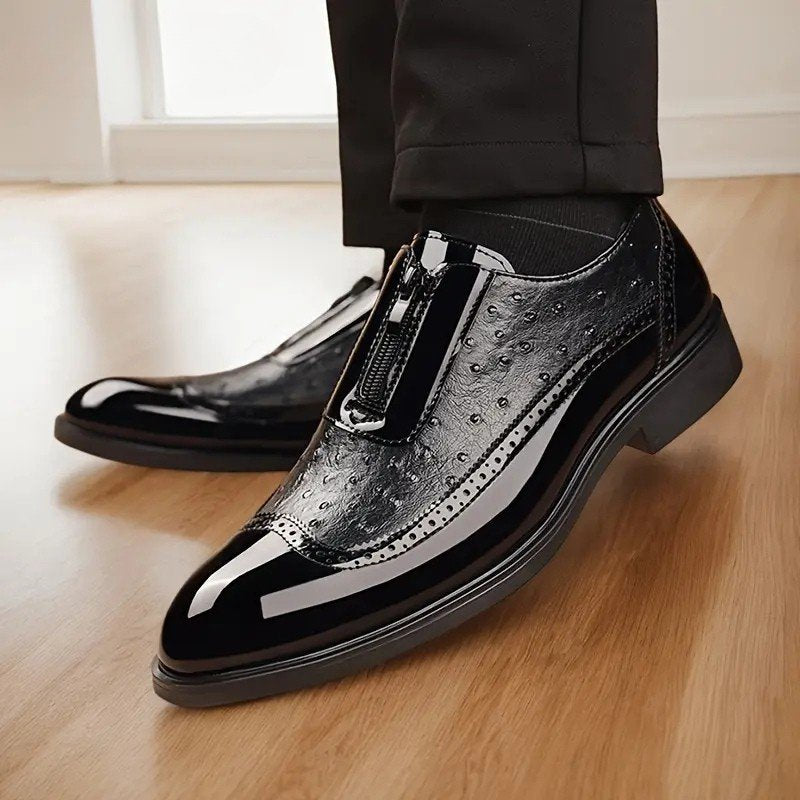 Men's Oxford Ostrich Leather Shoes with Side Zip Close Up