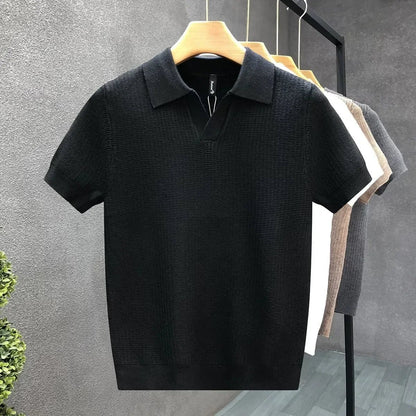 Men's Relaxed Knit Polo Shirt with Open Collar Detail