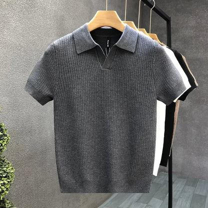 Men's Relaxed Knit Polo Shirt with Open Collar Side
