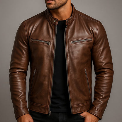 Men's Vintage Leather Jacket with Racer Collar Back