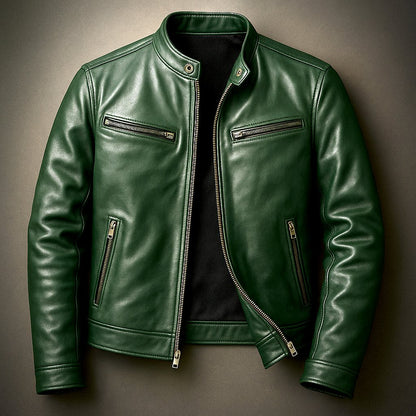 Men's Vintage Leather Jacket with Racer Collar Detail