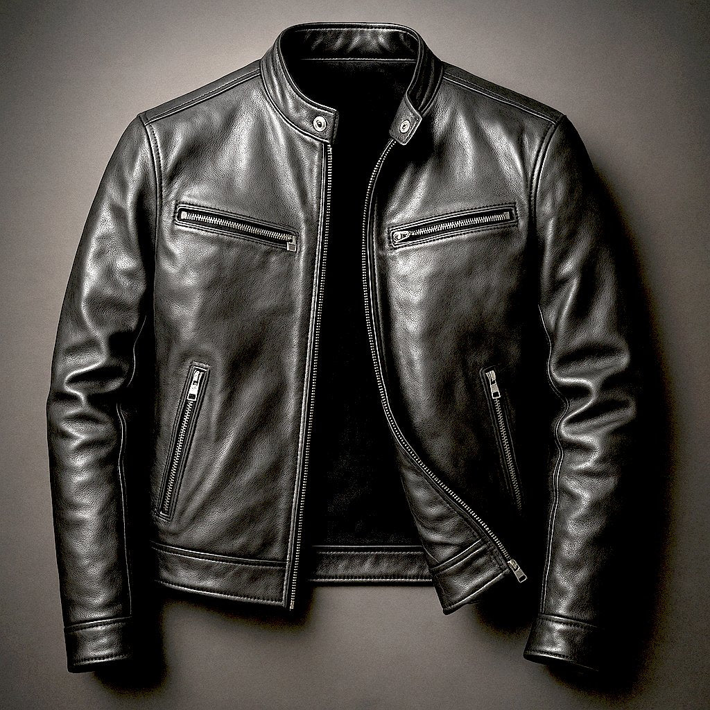 Men's Vintage Leather Jacket with Racer Collar Front