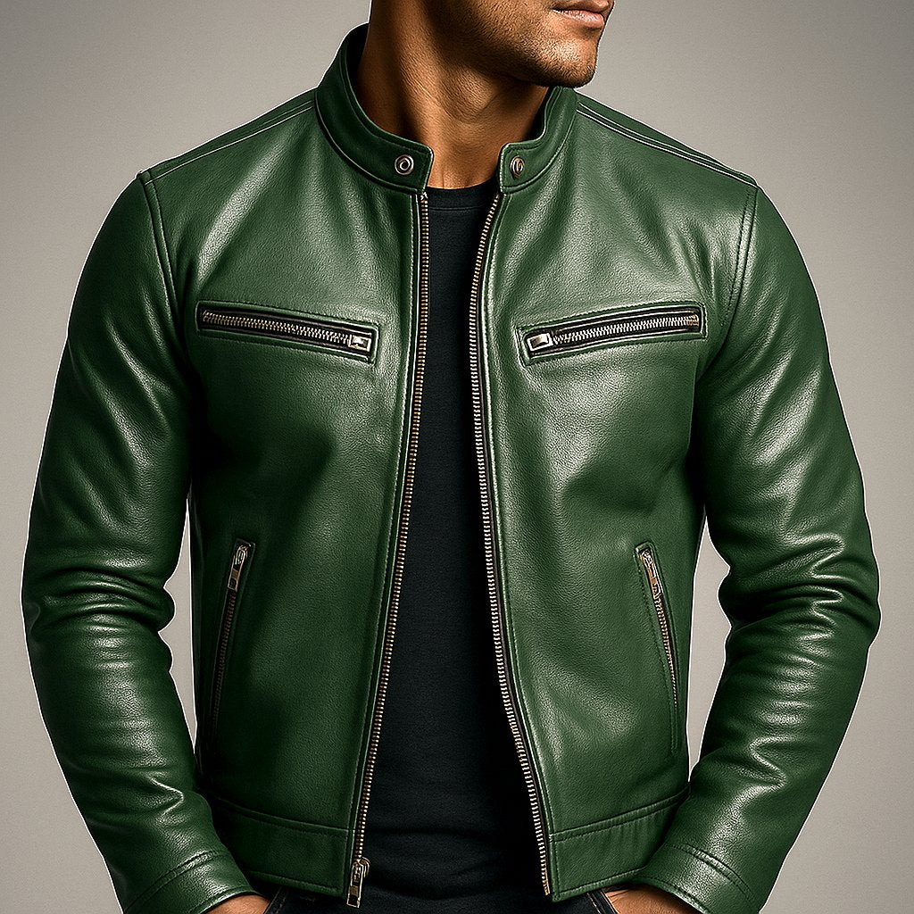 Men's Vintage Leather Jacket with Racer Collar Lifestyle