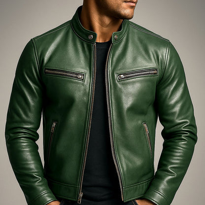 Men's Vintage Leather Jacket with Racer Collar Lifestyle