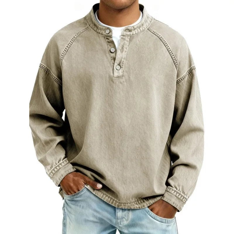 Men's Vintage Long Sleeve Denim Shirt Close Up