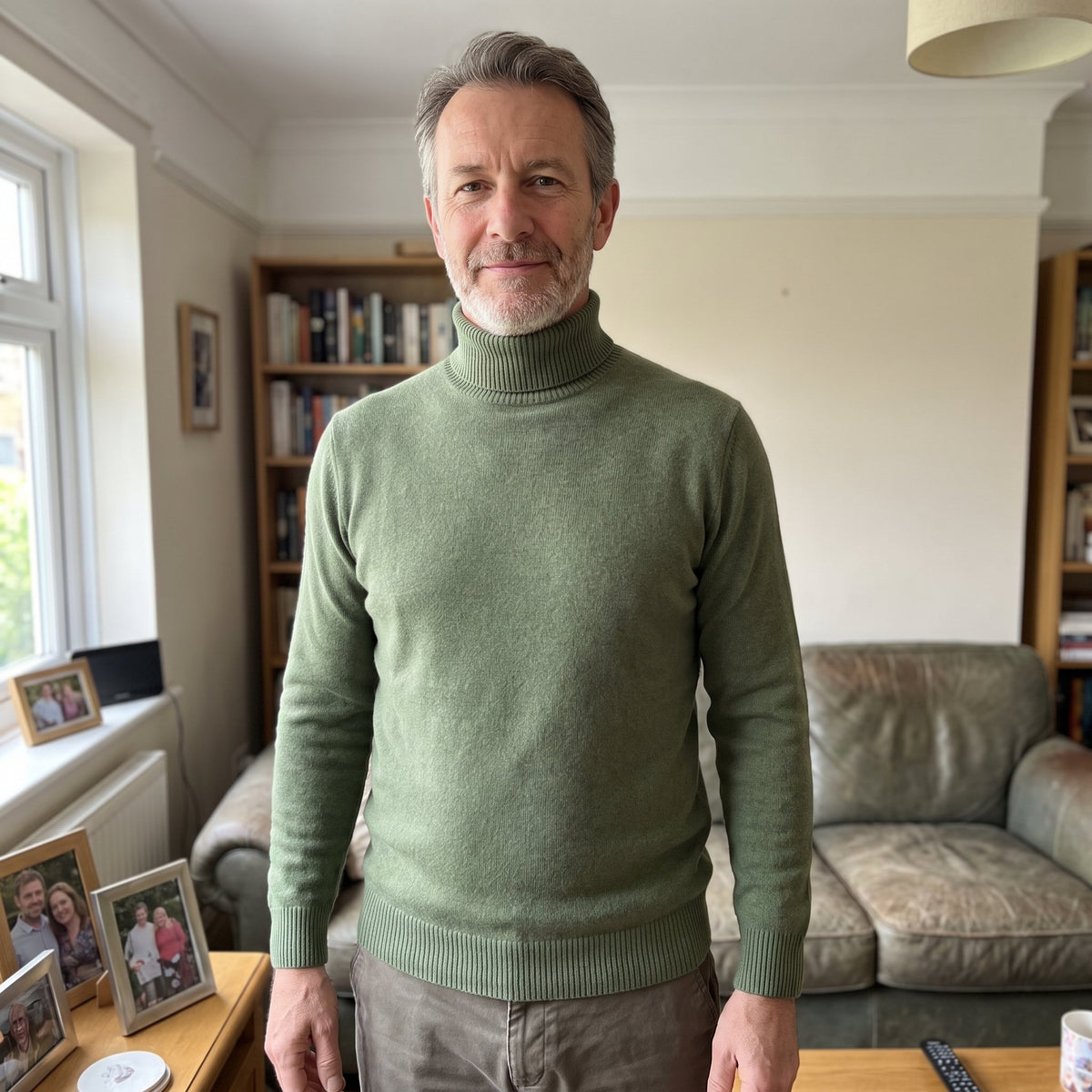 Men's Wool Turtleneck Jumper with Ribbed Collar Front