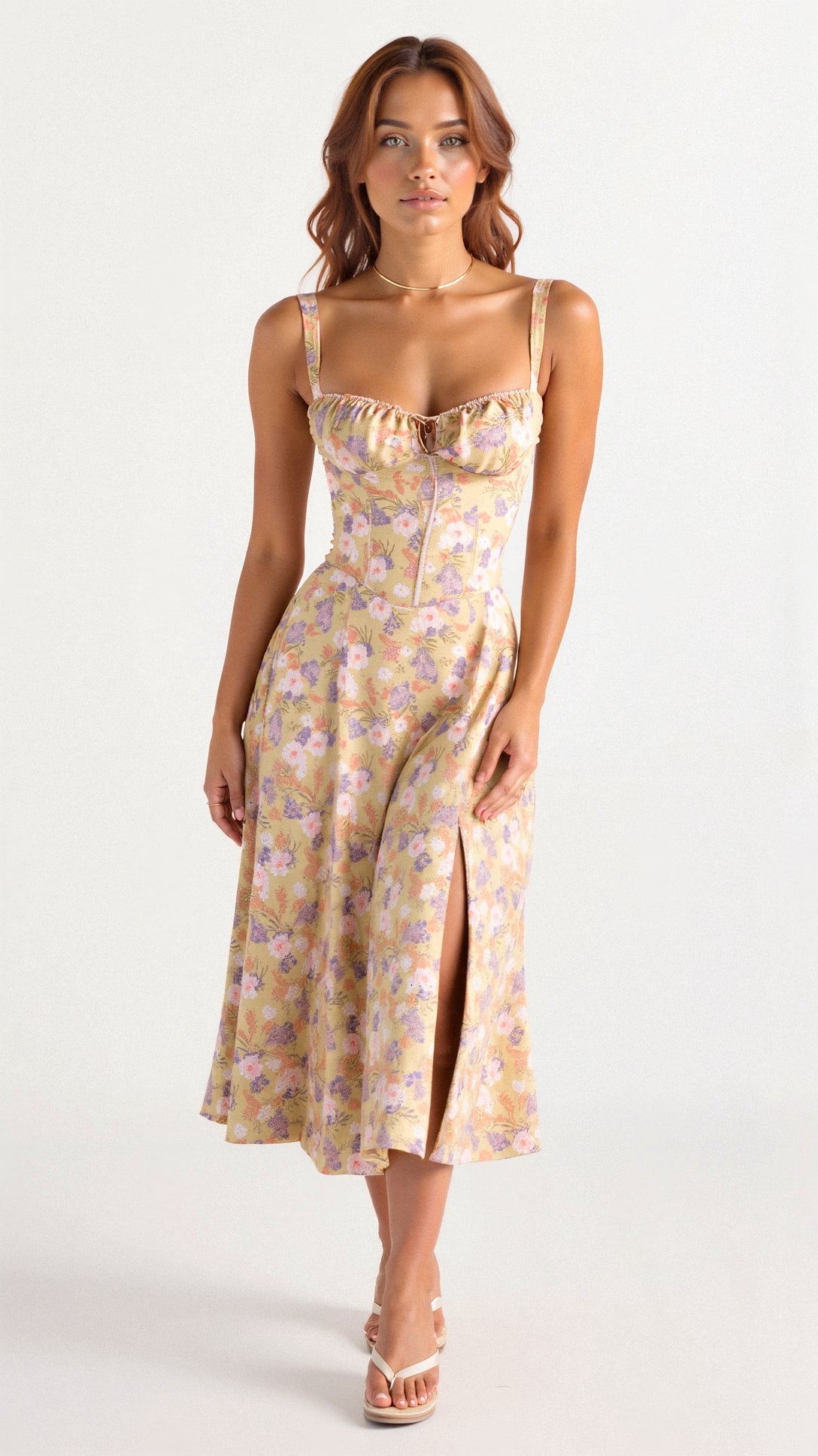 Women's Figure-Flattering Floral Corset Midi Dress
