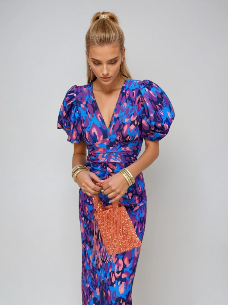 Women's Puff Sleeve Print Midi Dress