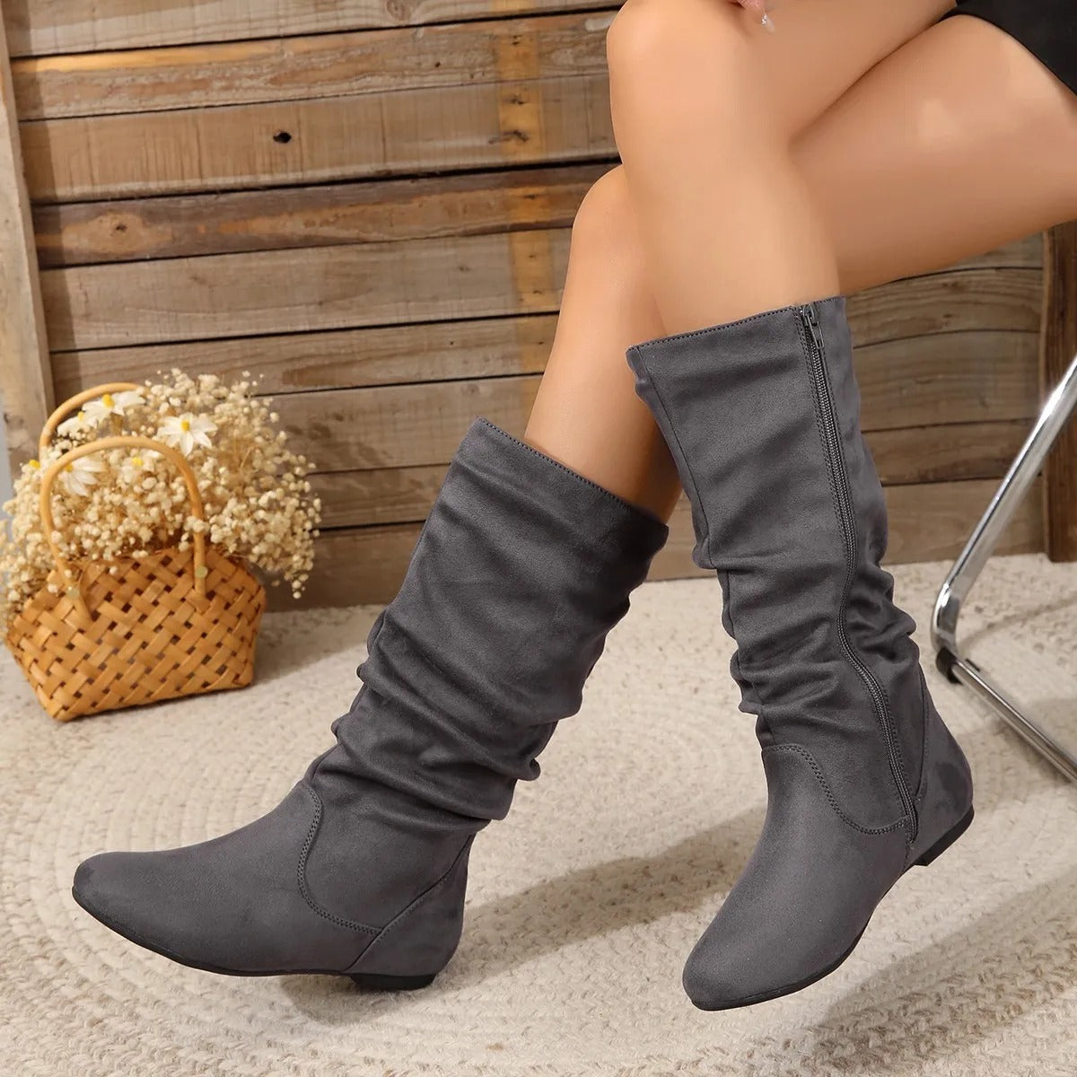 Mid Calf Boots | Flat Sole Slouch Style with Zip