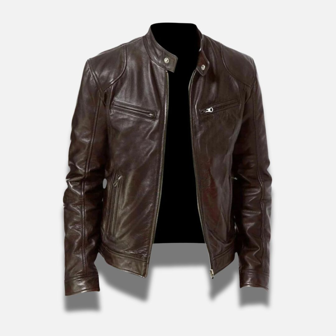 Men's Leather Band Collar Racer Jacket