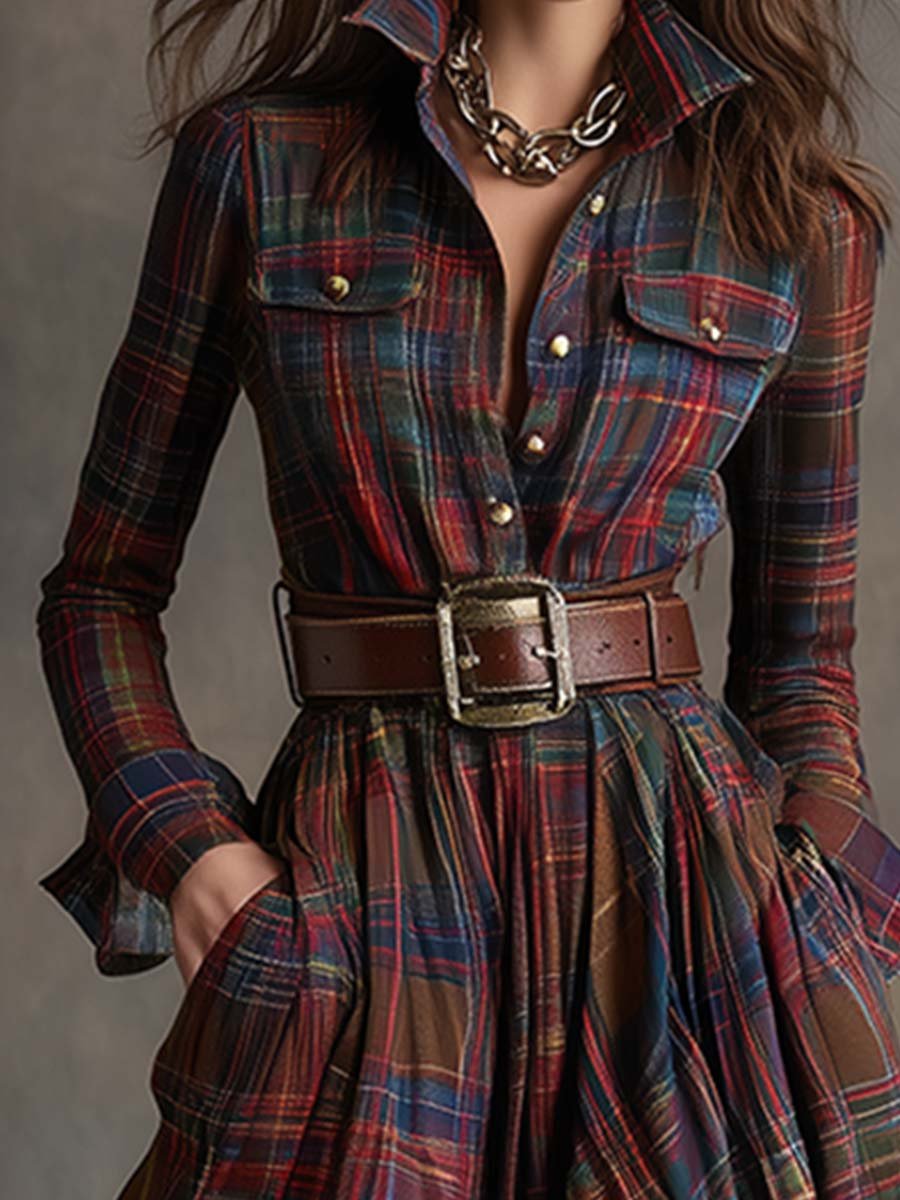 Women's Belted Shirt Dress with Flared Skirt Detail