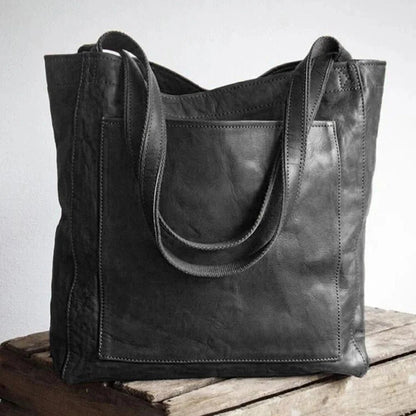 Women's Brown Leather Tote Bag with Front Pocket Detail