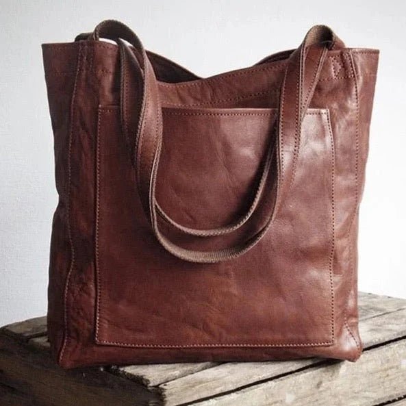 Women's Brown Leather Tote Bag with Front Pocket Front