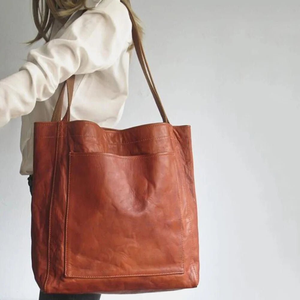 Women's Brown Leather Tote Bag with Front Pocket Side