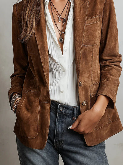 Women's Button-Down Suede Blazer with Patch Pockets Back