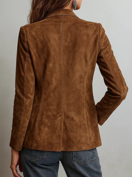 Women's Button-Down Suede Blazer with Patch Pockets Front
