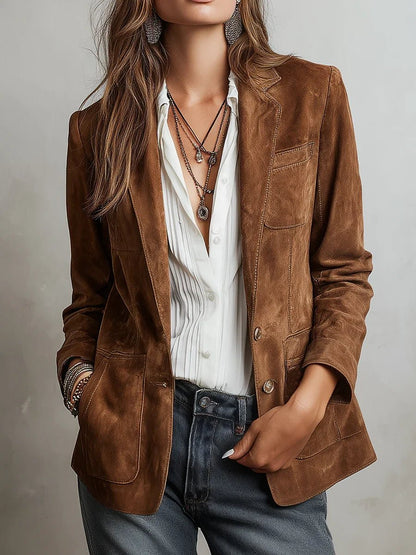 Women's Button-Down Suede Blazer with Patch Pockets Hero