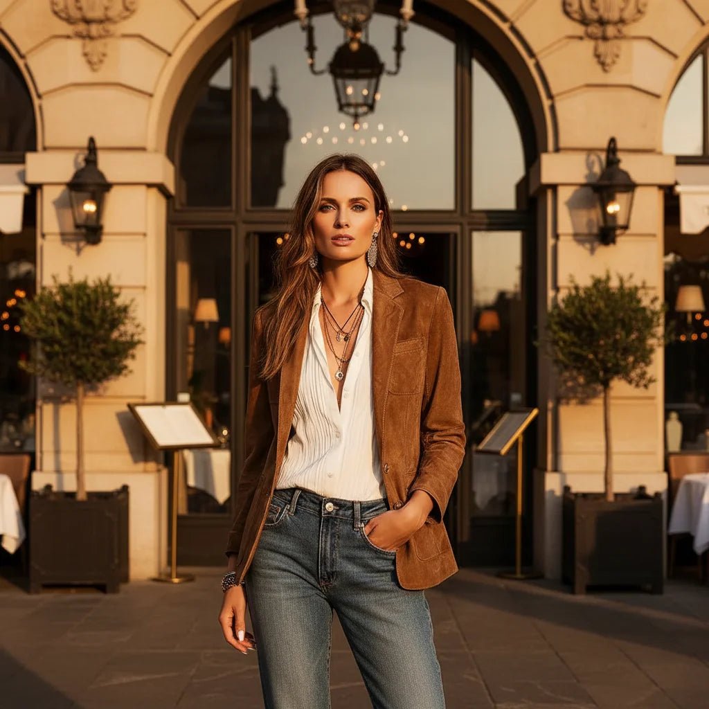 Women's Button-Down Suede Blazer with Patch Pockets Lifestyle