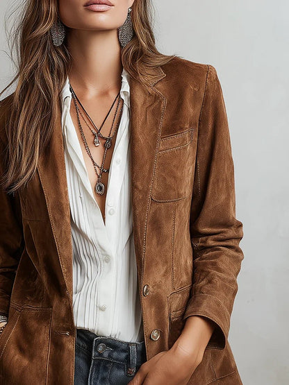 Women's Button-Down Suede Blazer with Patch Pockets Side