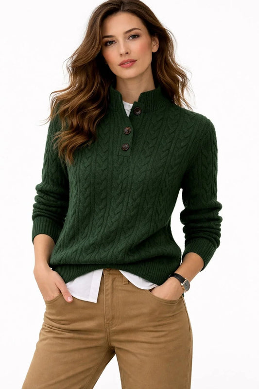 Women's Cable Knit Wool Blend Sweater with Button Neck Front