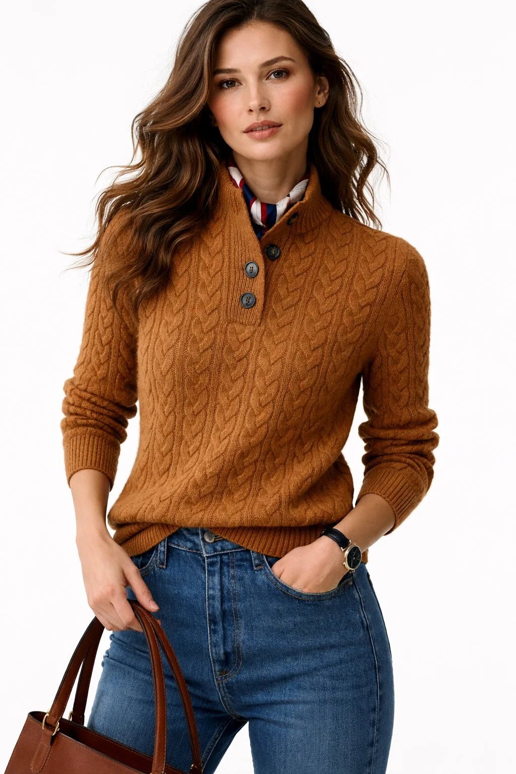 Women's Cable Knit Wool Blend Sweater with Button Neck Hero