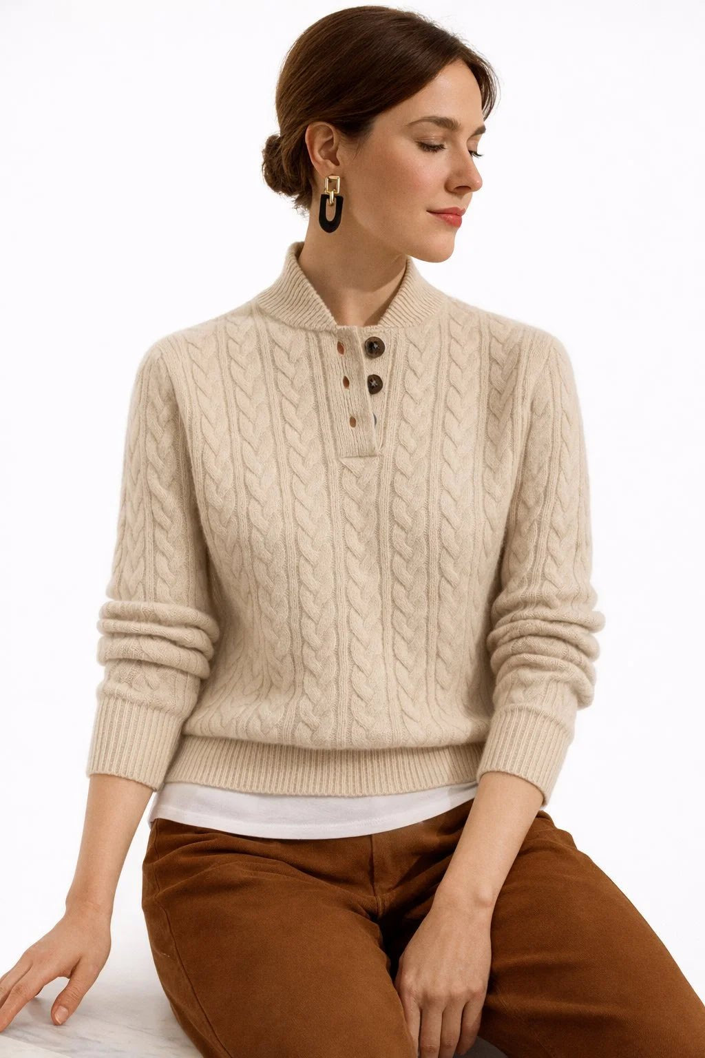 Women's Cable Knit Wool Blend Sweater with Button Neck Side