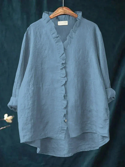 Women's Casual Ruffle V-Neck Blouse with Button Placket Back