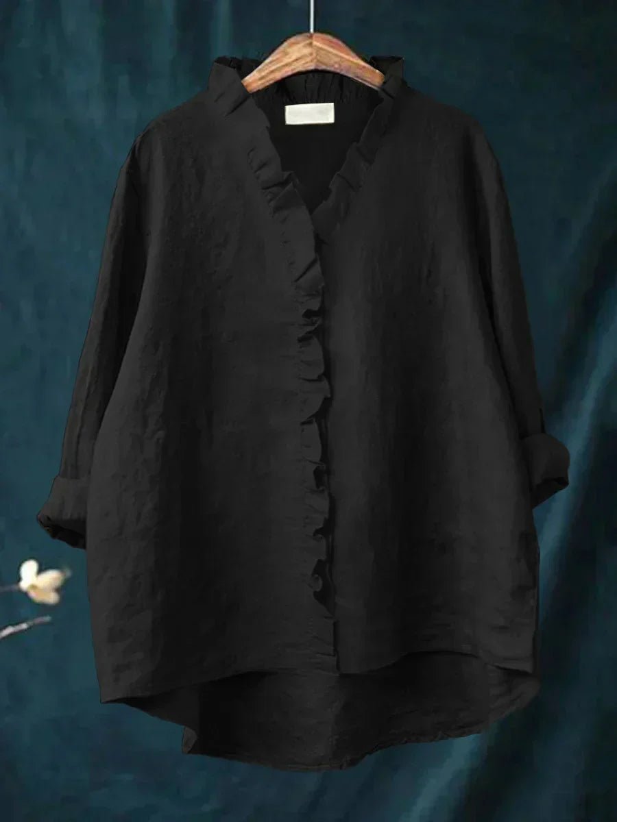Women's Casual Ruffle V-Neck Blouse with Button Placket Close Up