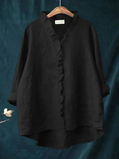 Women's Casual Ruffle V-Neck Blouse with Button Placket Close Up
