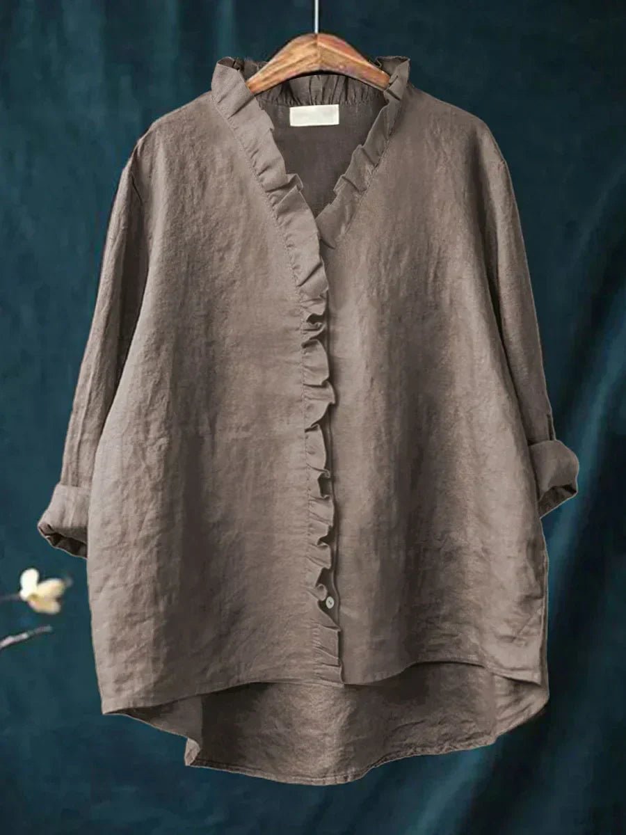 Women's Casual Ruffle V-Neck Blouse with Button Placket Detail