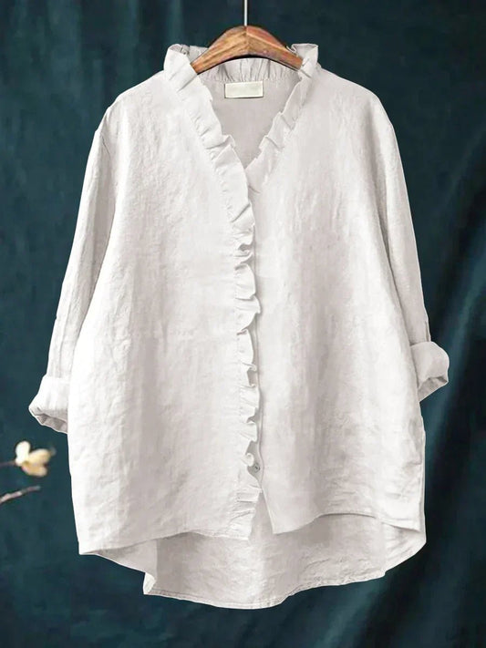 Women's Casual Ruffle V-Neck Blouse with Button Placket Front