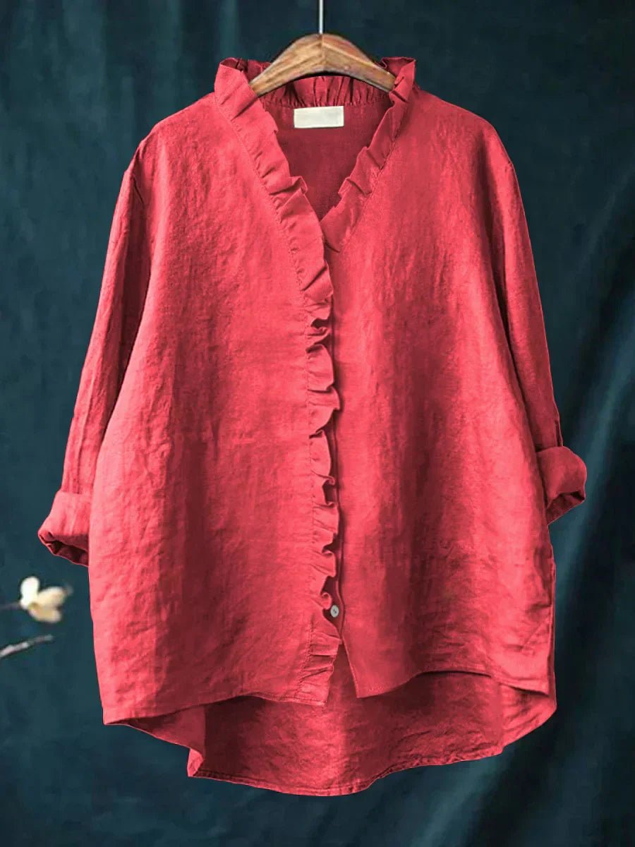 Women's Casual Ruffle V-Neck Blouse with Button Placket Hero