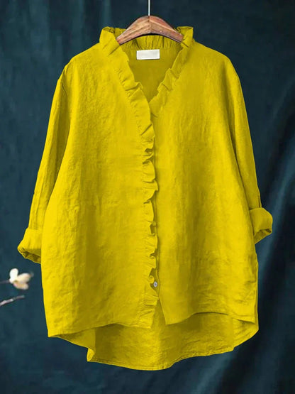 Women's Casual Ruffle V-Neck Blouse with Button Placket Side