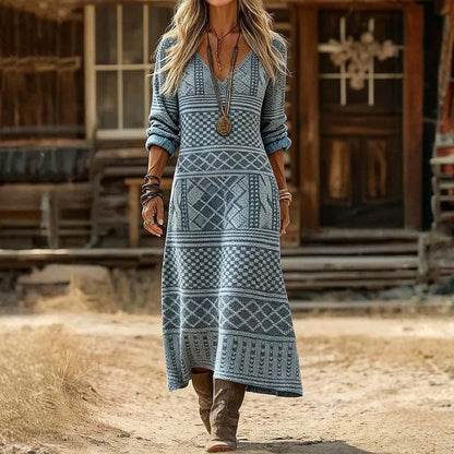 Women's Classic Long Sleeve Vintage Dress with V-Neckline Detail