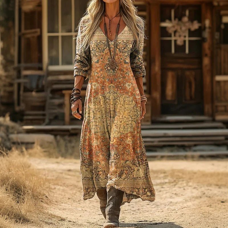 Women's Classic Long Sleeve Vintage Dress with V-Neckline Front