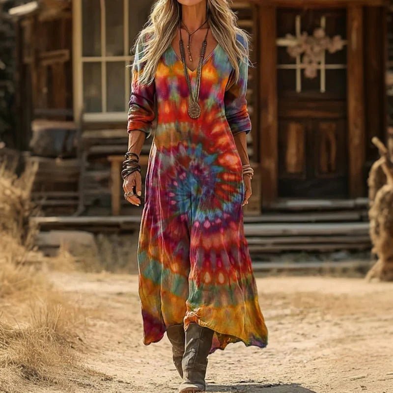 Women's Classic Long Sleeve Vintage Dress with V-Neckline Side