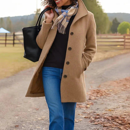 Women's Classic Mid-Length Wool-Blend Coat with Button Front Detail