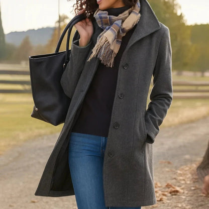Women's Classic Mid-Length Wool-Blend Coat with Button Front Front