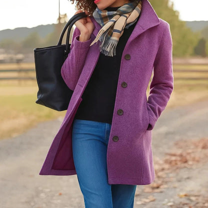 Women's Classic Mid-Length Wool-Blend Coat with Button Front Side